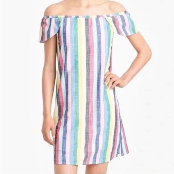 J. Crew Dresses & Skirts - EUC J.Crew rainbow striped off the shoulder linen dress